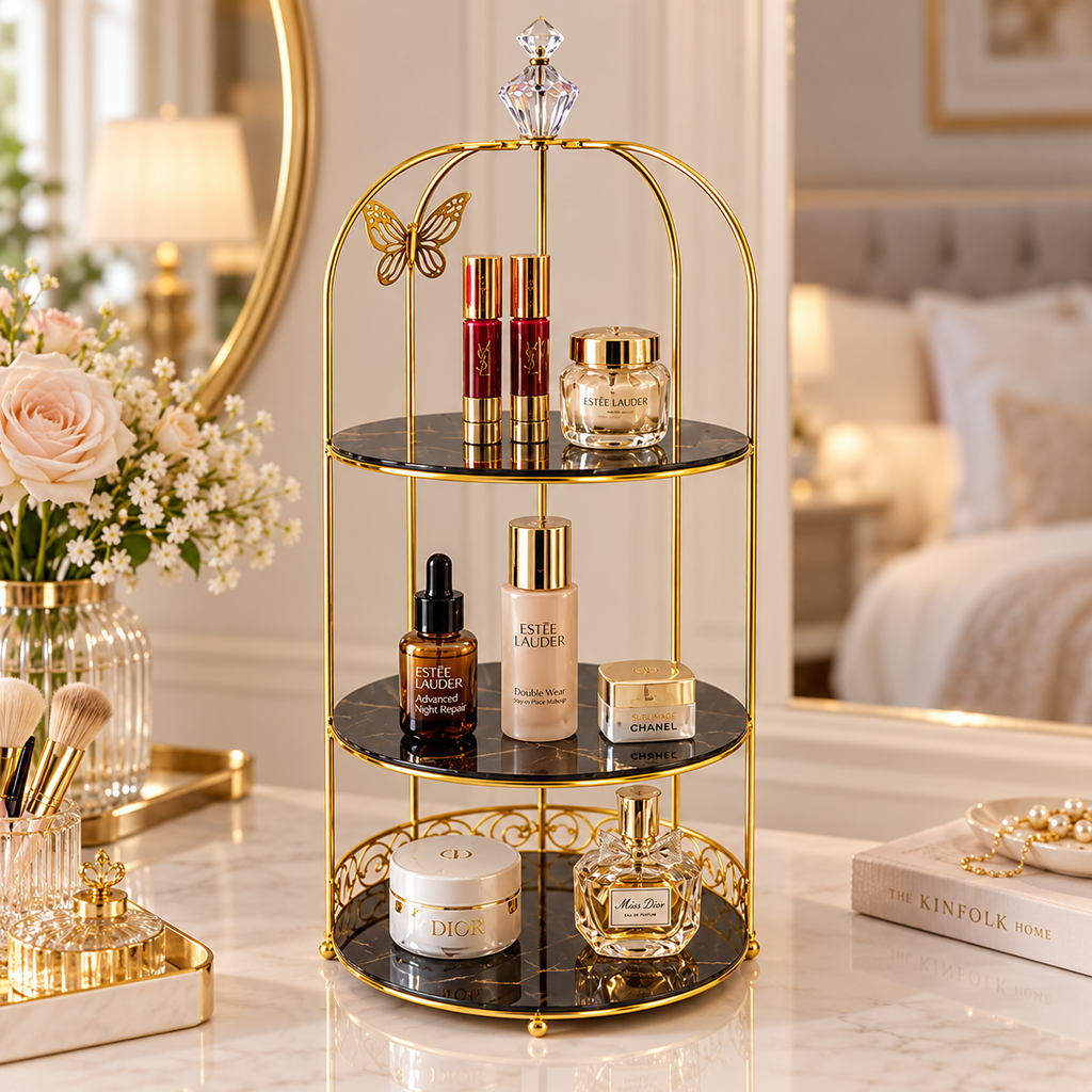 3 Layers Cage Cosmetics Storage Organizer – Multi-Tier Makeup & Skincare Storage Rack for Vanity, Bathroom & Dressing Table