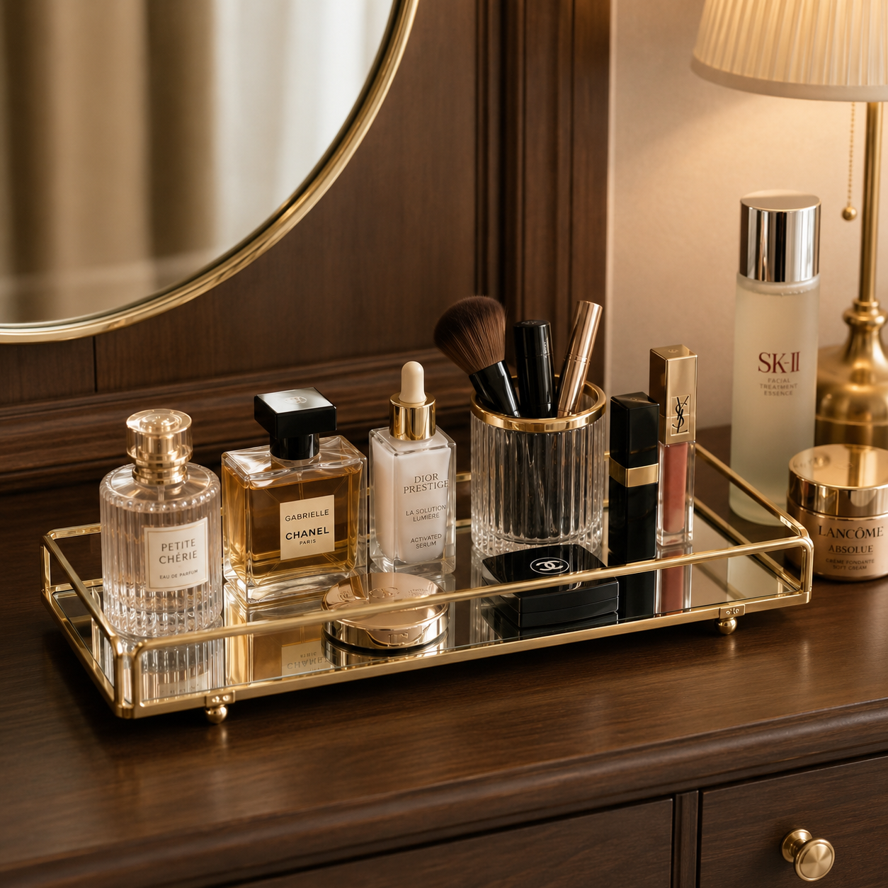 Cosmetics Organizer Tray with Mirror – Elegant Vanity Storage & Decorative Serving Tray for Food Display