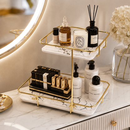 Luxury 2-Tier Golden Marble Cosmetic Organizer Rack