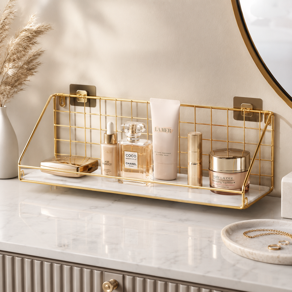 Luxury Gold Wall Mounted Cosmetic Organizer Rack – White & Black Tray