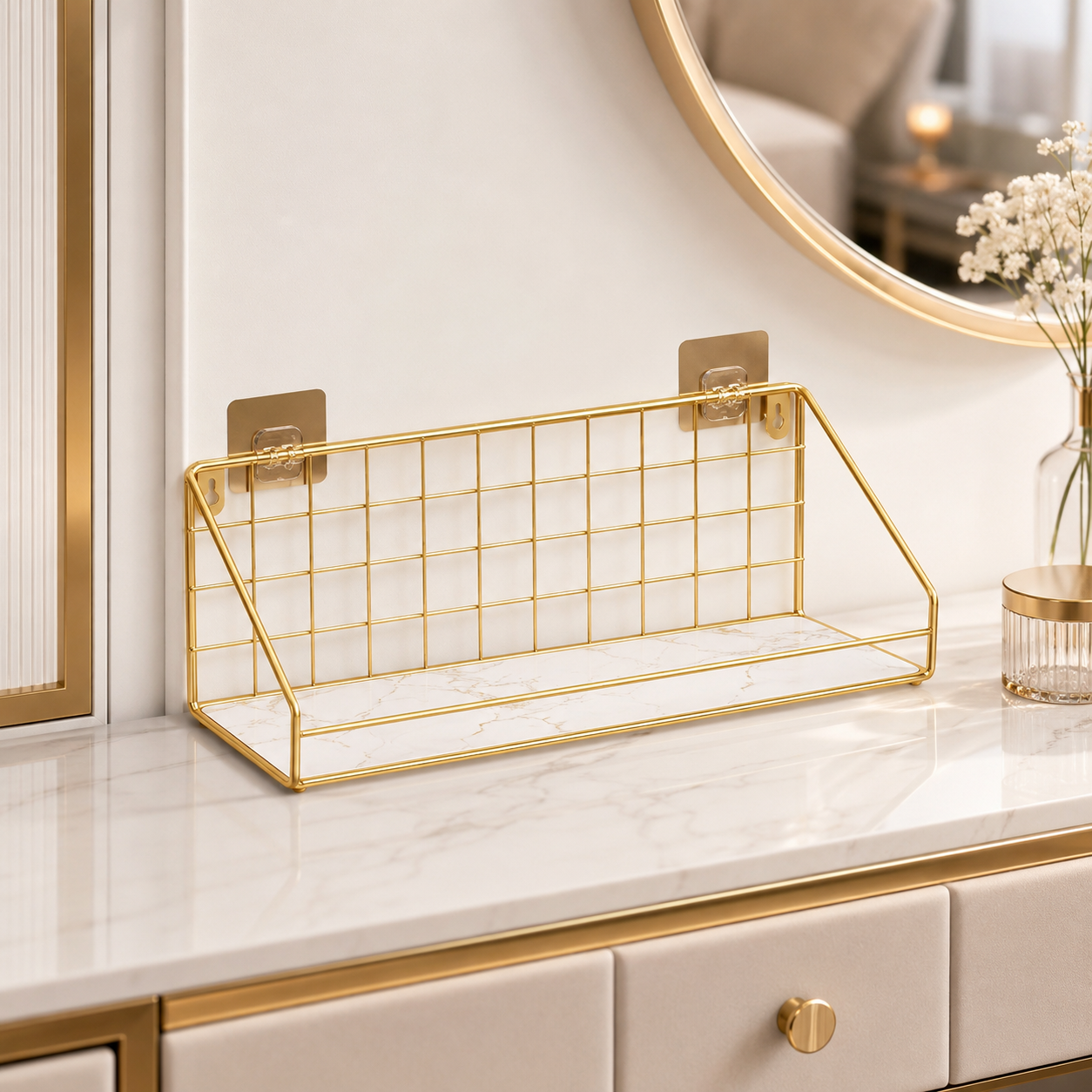 Luxury Gold Wall Mounted Cosmetic Organizer Rack – White & Black Tray