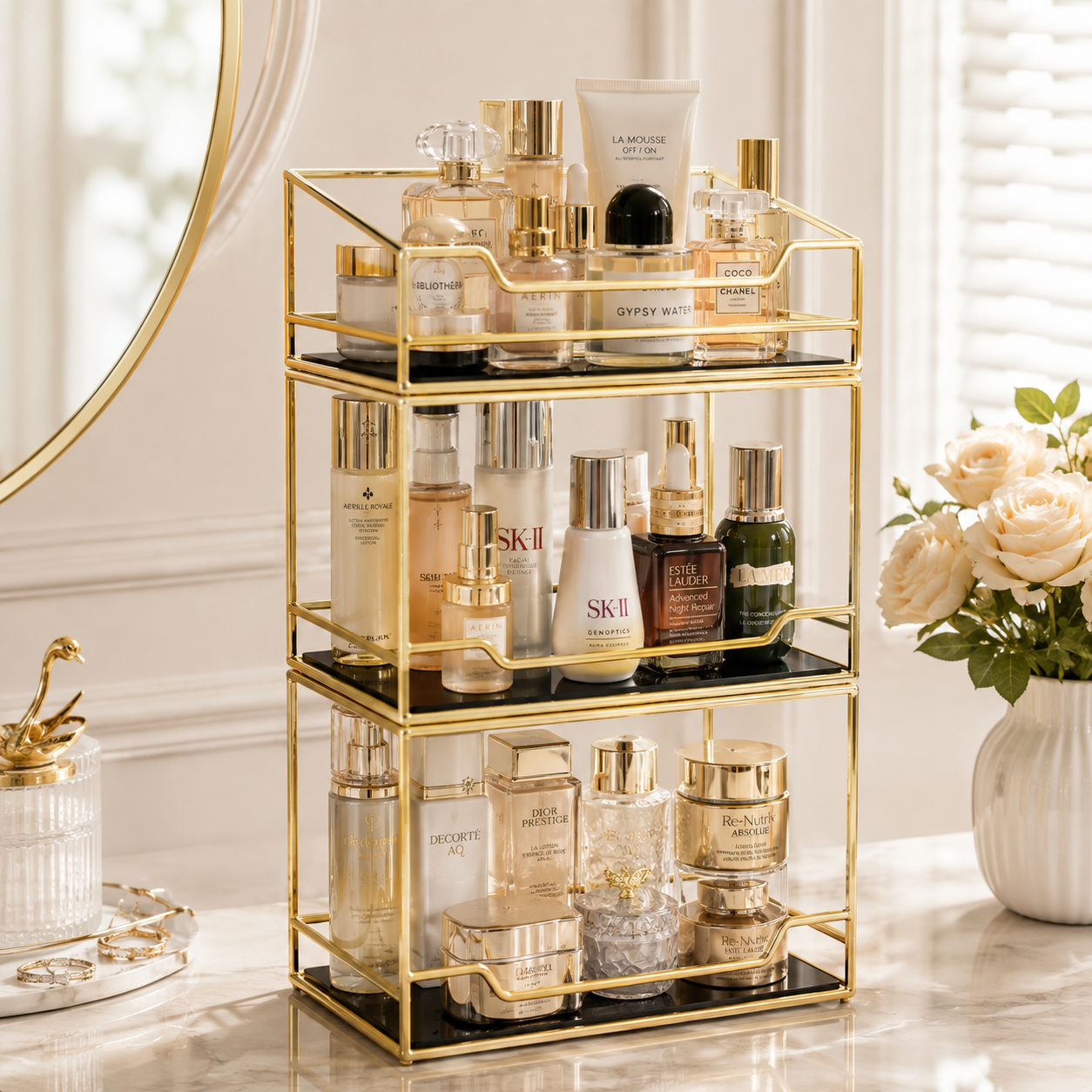 Luxury 3 Tier Golden Cosmetic & Skincare Organizer Rack