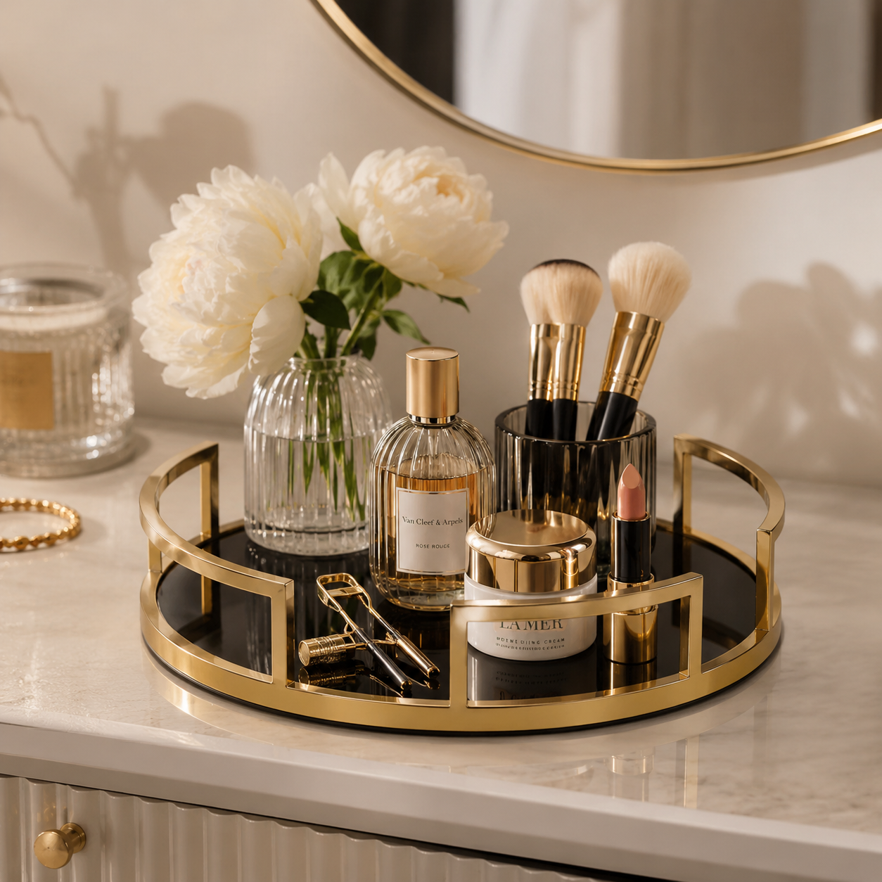 Perfume Plate Round Tray with Gold Metal & Glass – Elegant Vanity Organizer