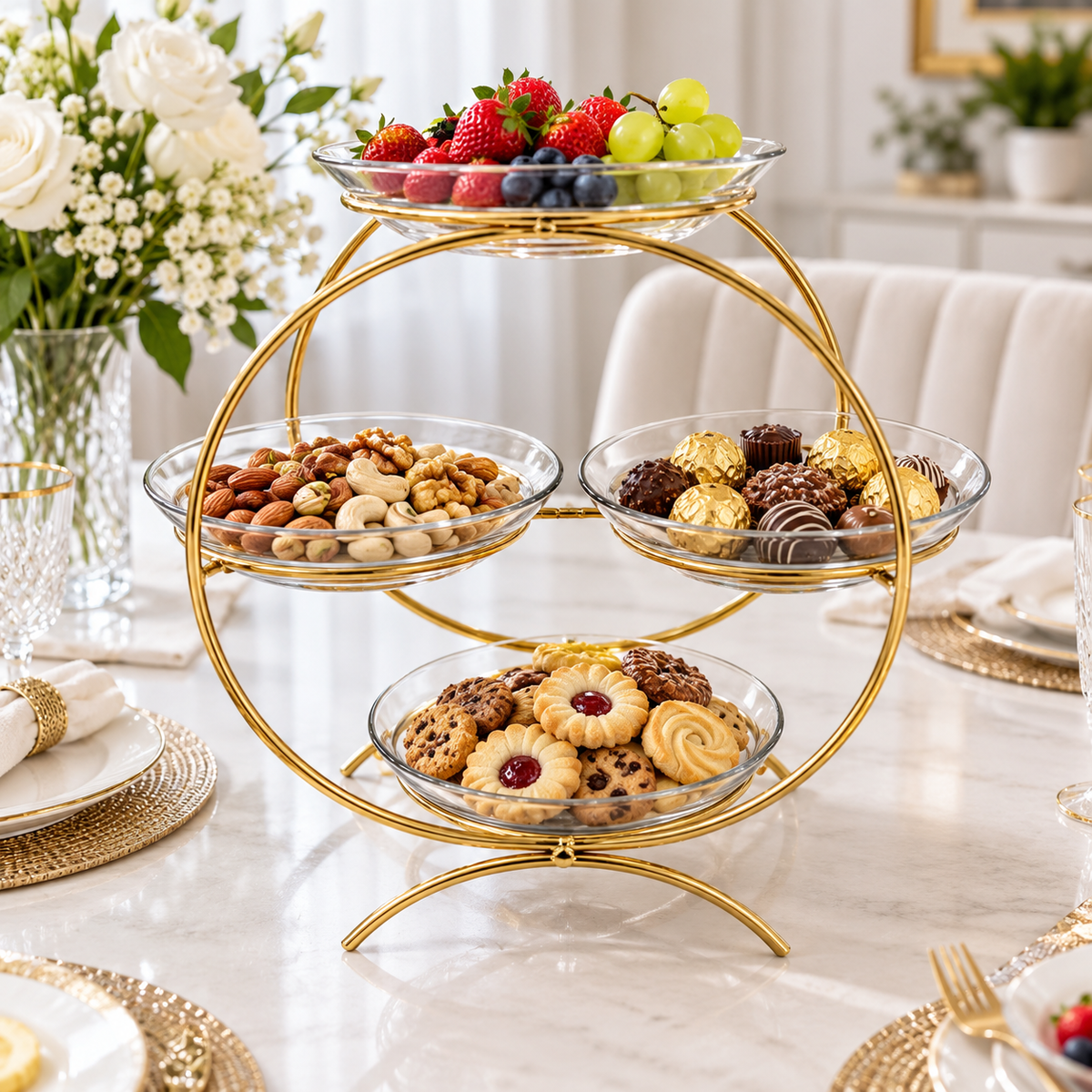 Luxury Golden 4-Tier Serving Stand without Plates Elegant Round Fruit, Dry Fruit & Dessert Organizer 🌟🌟🌟🌟🌟