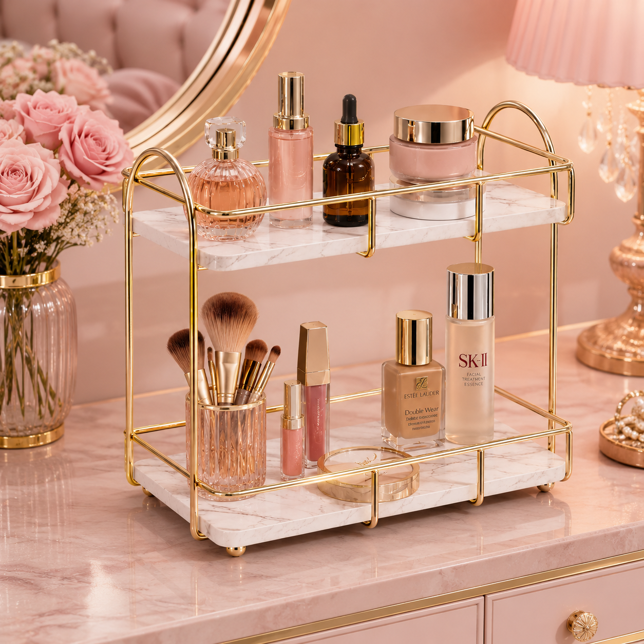 Luxury 2-Tier Golden Cosmetic & Makeup Organizer Rack