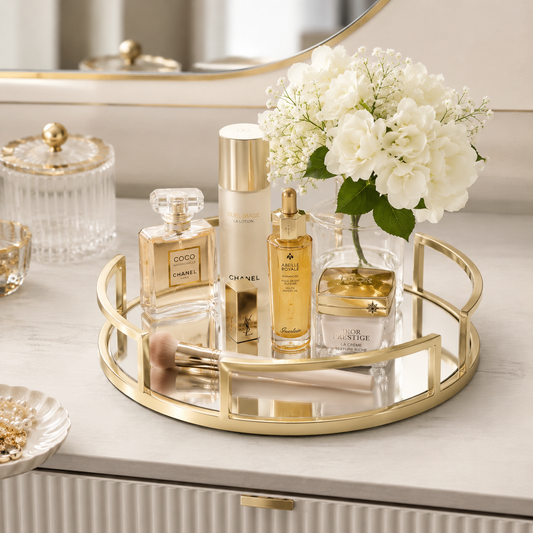 Luxury Gold Round Mirror Cosmetic Organizer Tray