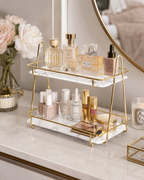 Luxury 2-Tier Cosmetic Organizer Stand – Gold Frame Vanity Tray