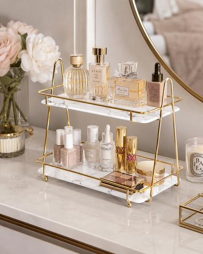 Luxury 2-Tier Cosmetic Organizer Stand – Gold Frame Vanity Tray