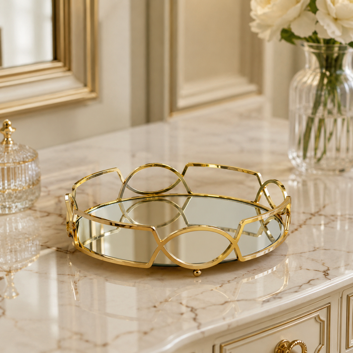 Round Shape Metal & Glass Cosmetics Storage Tray – Elegant Vanity Organizer