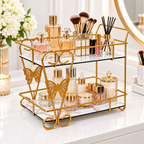 Luxury 2-Tier Golden Butterfly Cosmetic Organizer with Marble Style Trays