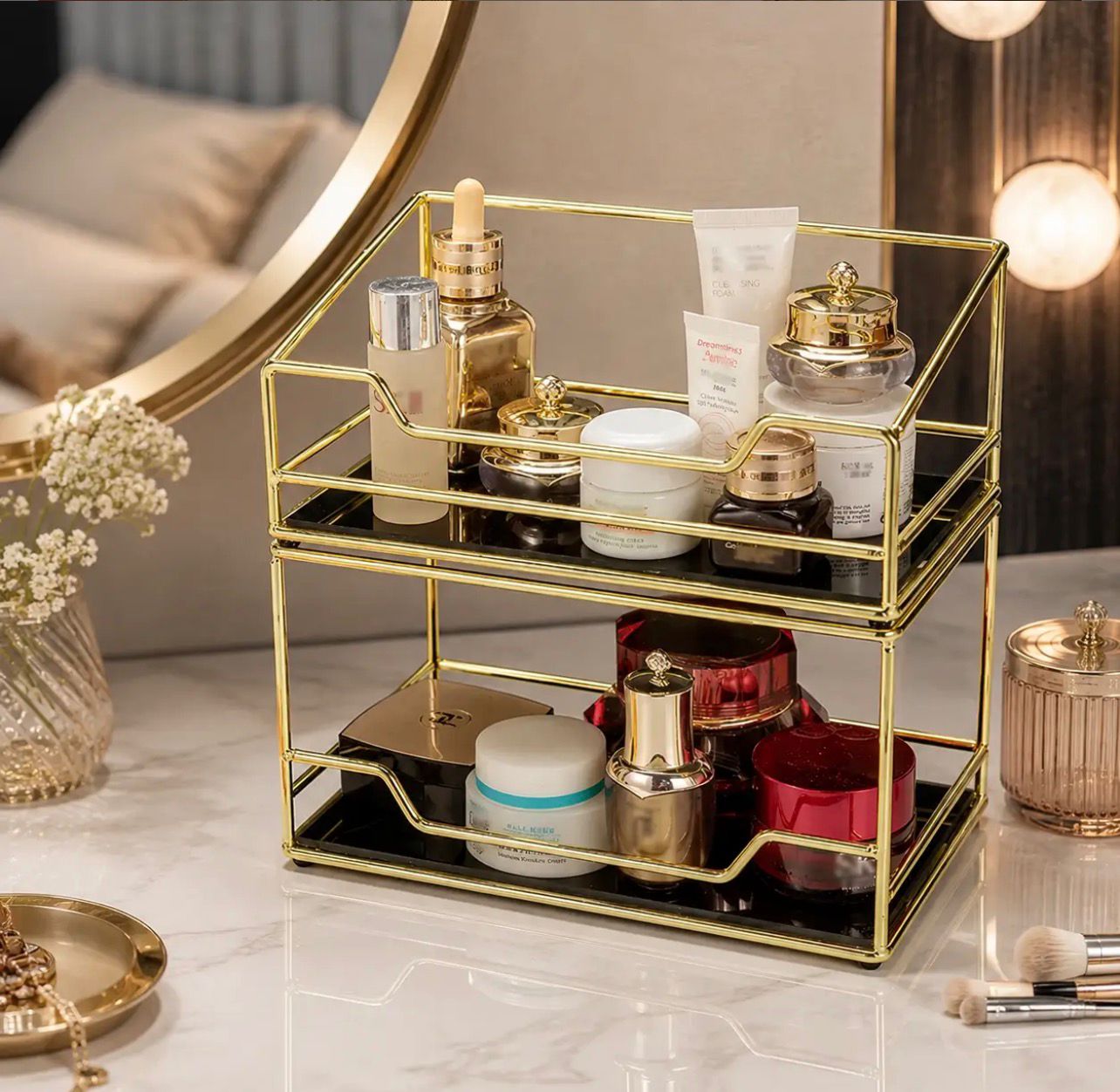 2-Tier Luxury Golden Cosmetic Organizer with Trays
