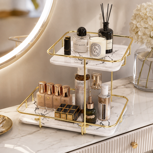 Luxury 2-Tier Golden Marble Cosmetic Organizer Rack