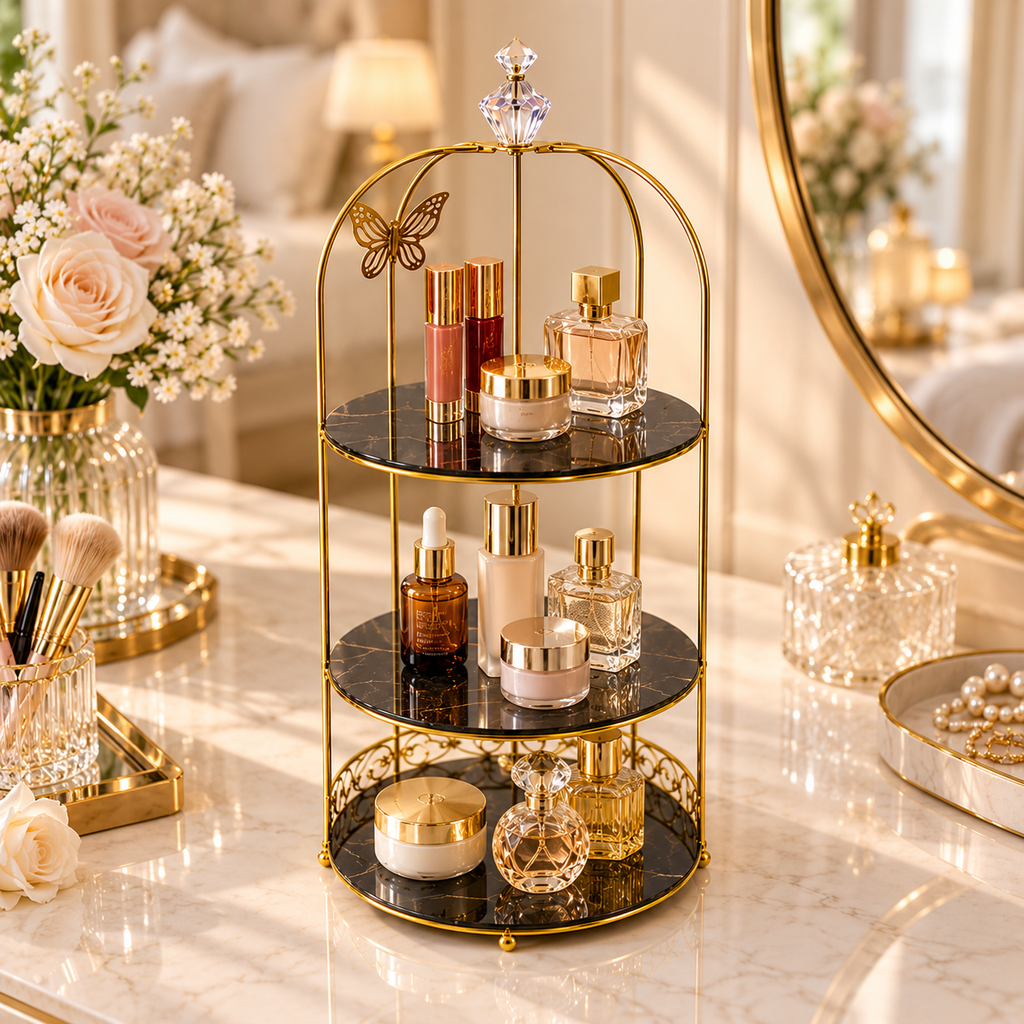 3 Layers Cage Cosmetics Storage Organizer – Multi-Tier Makeup & Skincare Storage Rack for Vanity, Bathroom & Dressing Table