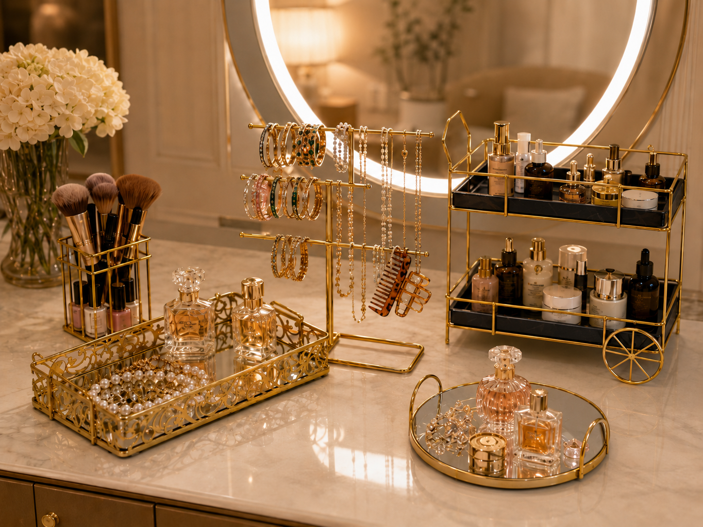 Deal No 5 Luxury Gold Vanity Organizer – 5 Pcs Makeup & Jewelry Storage Set