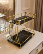 Luxury 2-Tier Marble Cosmetic Organizer Stand – Gold Frame Vanity Shelf
