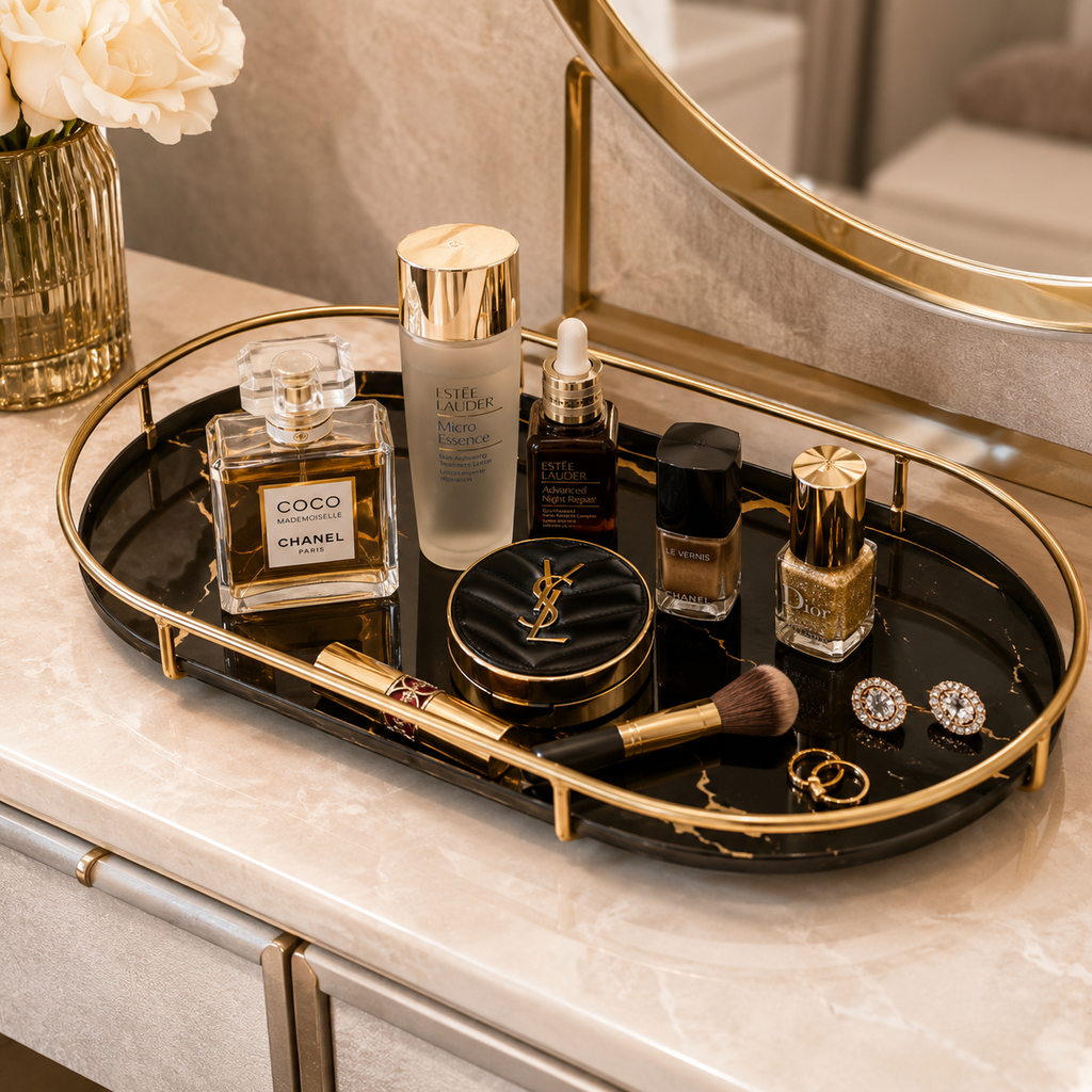 Premium Design Marble Cover Cosmetics Tray | Elegant Makeup Organizer with Protective Lid