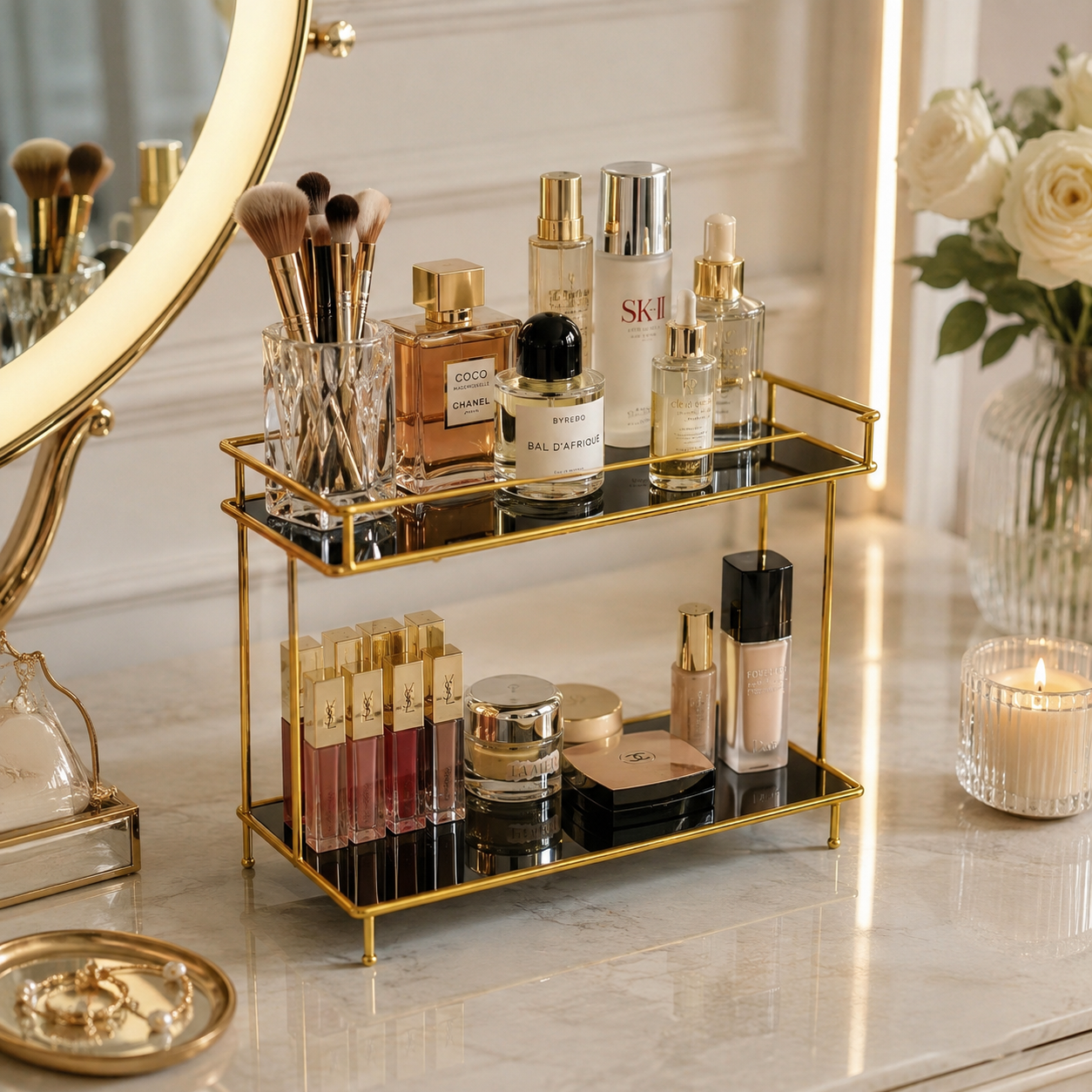 Luxury 2-Tier Gold Cosmetic Organizer Stand