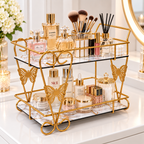 Luxury 2-Tier Golden Butterfly Cosmetic Organizer with Marble Style Trays