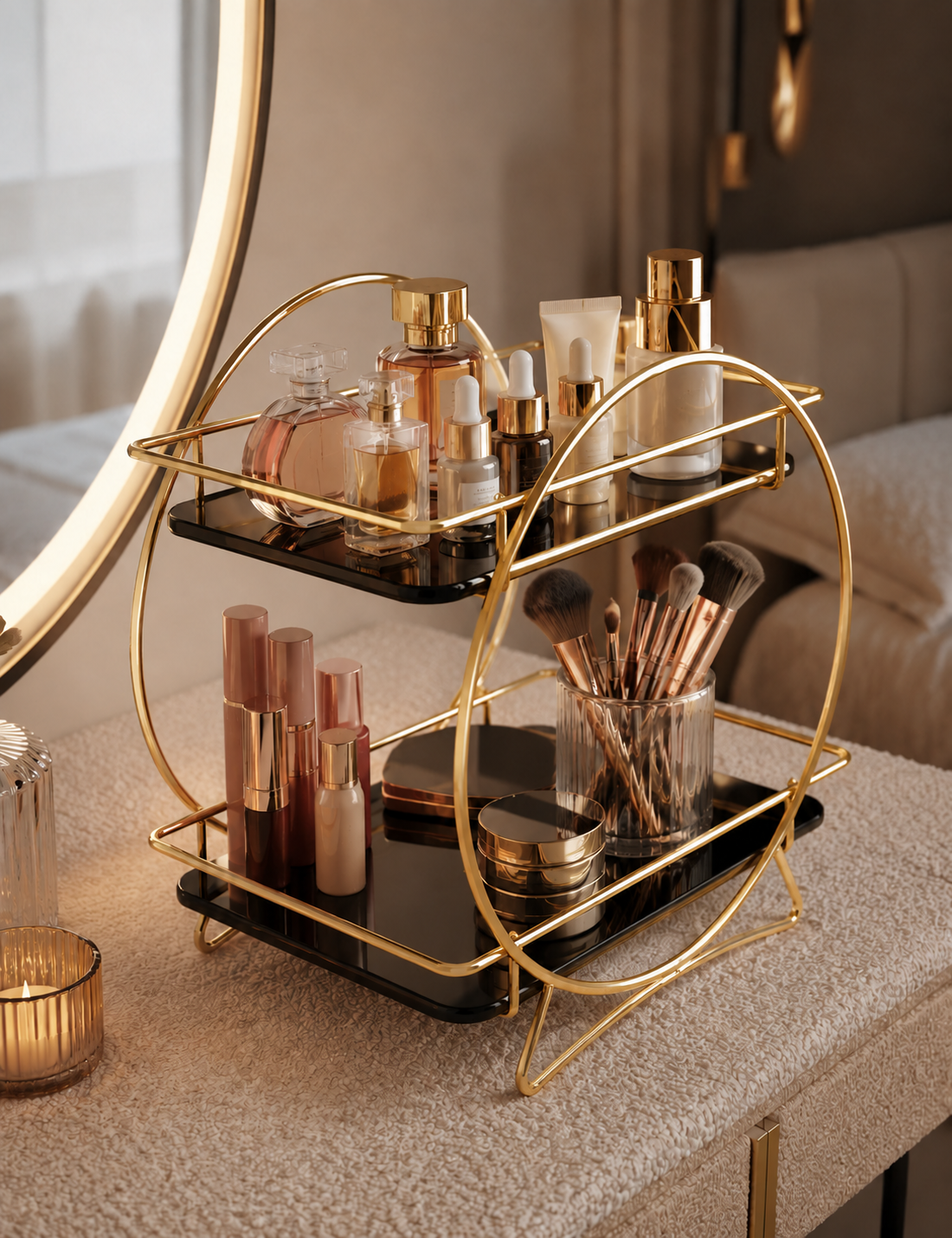 Luxury 2-Tier Golden Round Frame Cosmetic & Makeup Organizer