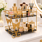 Luxury 2-Tier Golden Butterfly Cosmetic Organizer with Marble Style Trays