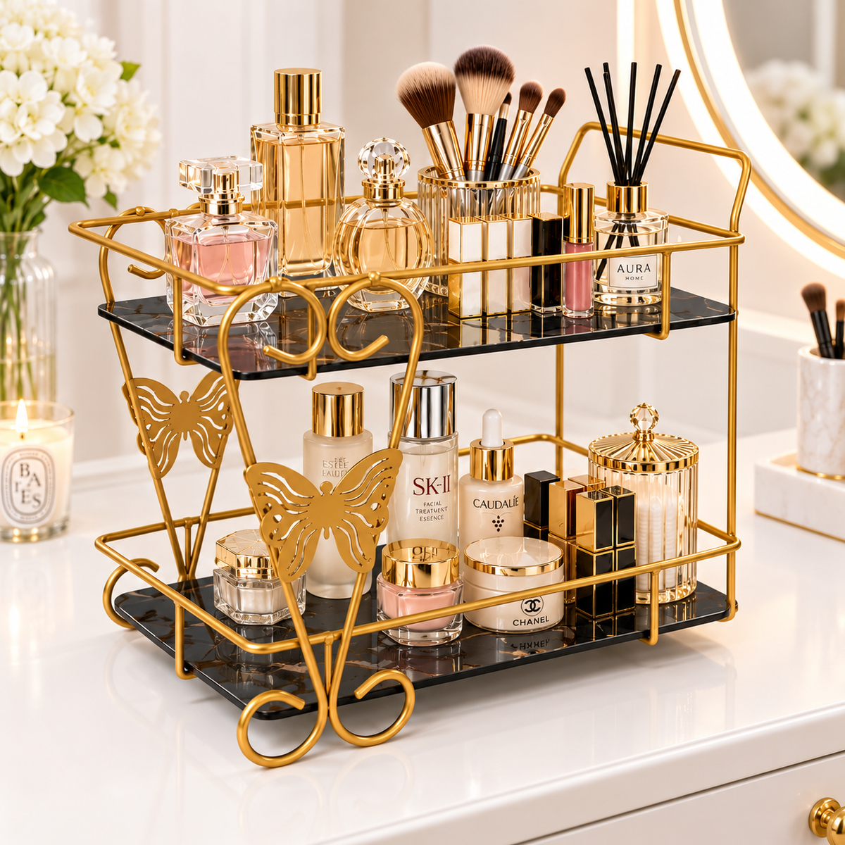 Luxury 2-Tier Golden Butterfly Cosmetic Organizer with Marble Style Trays