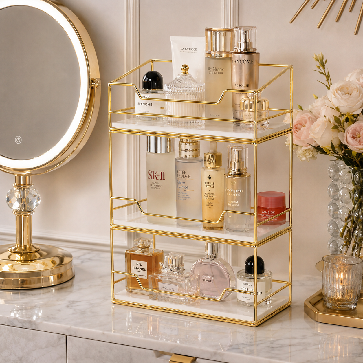 Luxury 3 Tier Golden Cosmetic & Skincare Organizer Rack