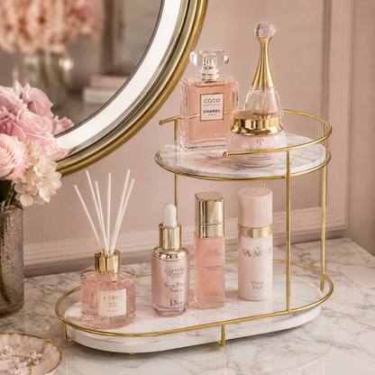 Luxury 2-Tier Golden Marble Cosmetic Organizer Stand