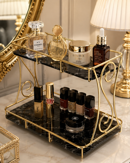Luxury 2-Tier Marble Cosmetic Organizer Stand – Gold Frame Vanity Shelf