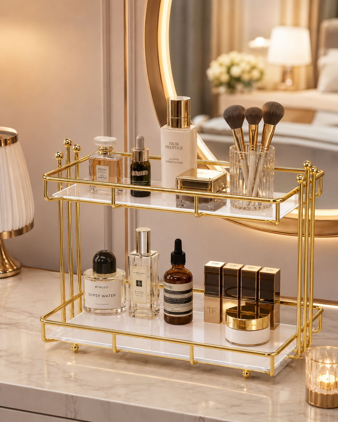 Luxury 2-Tier Gold Cosmetic Organizer Stand – White Tray Makeup & Skincare Rack