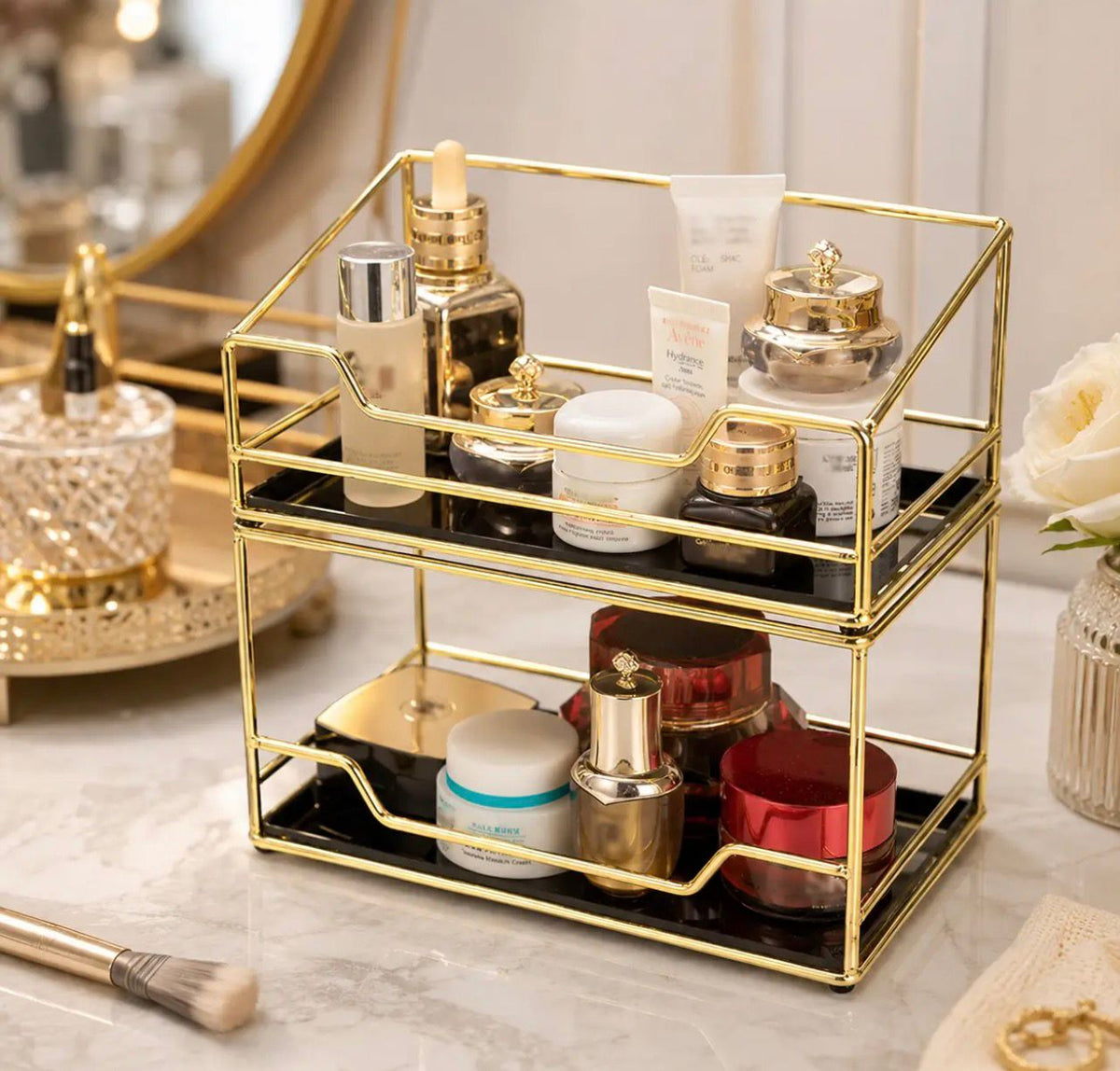 2-Tier Luxury Golden Cosmetic Organizer with Trays