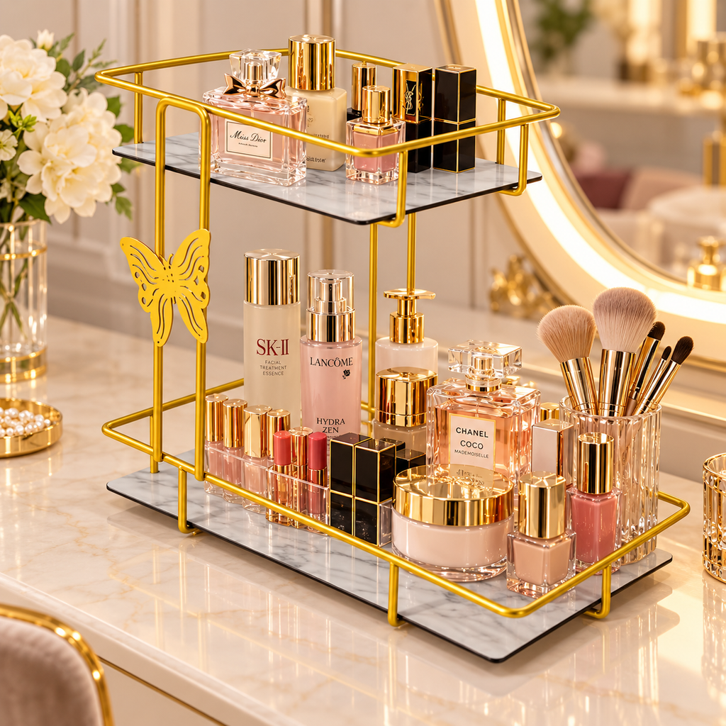 Luxury 2-Tier Golden Cosmetic Organizer Stand with Marble Trays – Makeup & Perfume Storage Rack