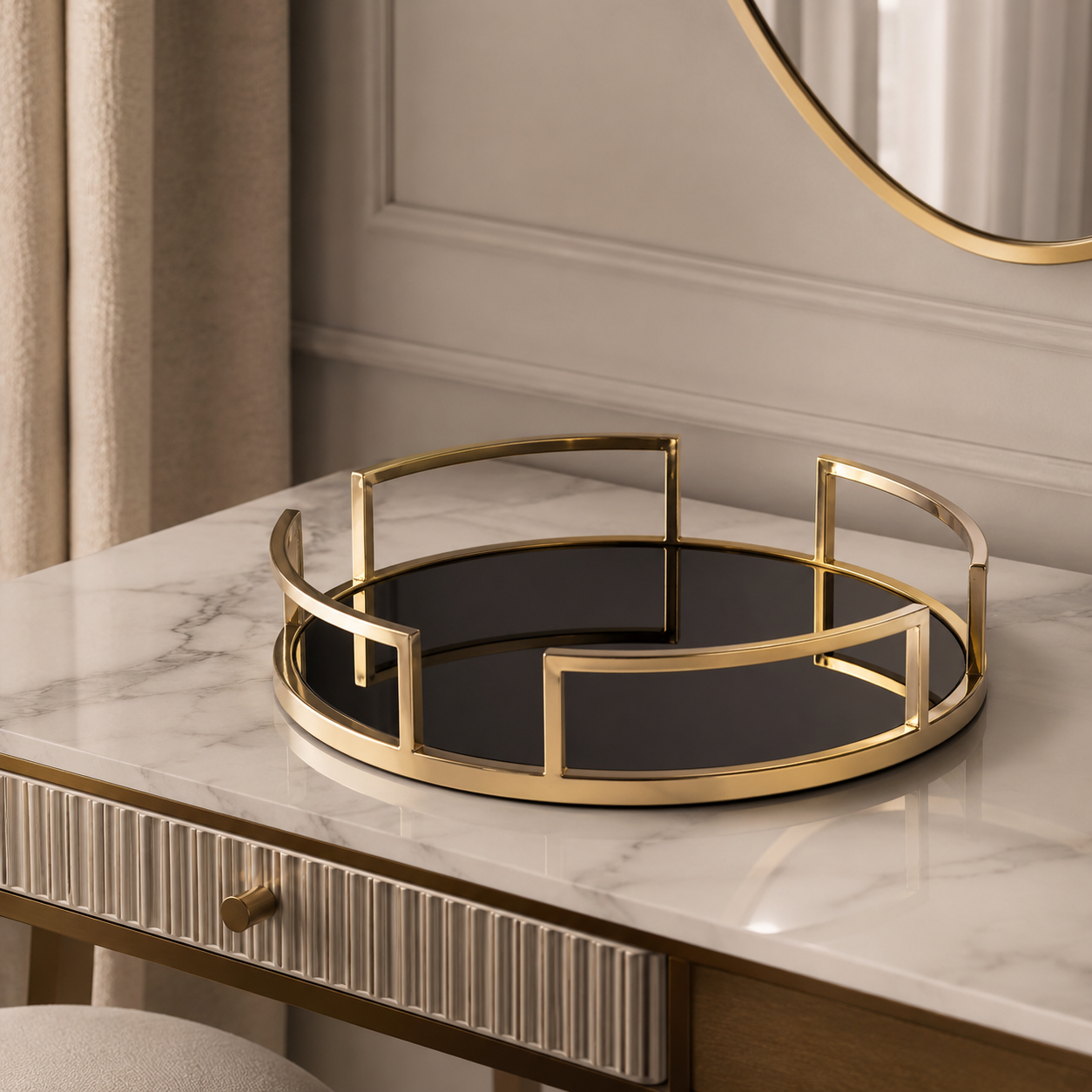 Perfume Plate Round Tray with Gold Metal & Glass – Elegant Vanity Organizer