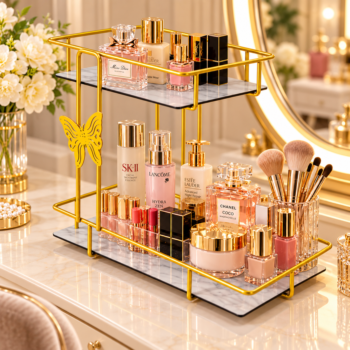 Luxury 2-Tier Golden Cosmetic Organizer Stand with Marble Trays – Makeup & Perfume Storage Rack