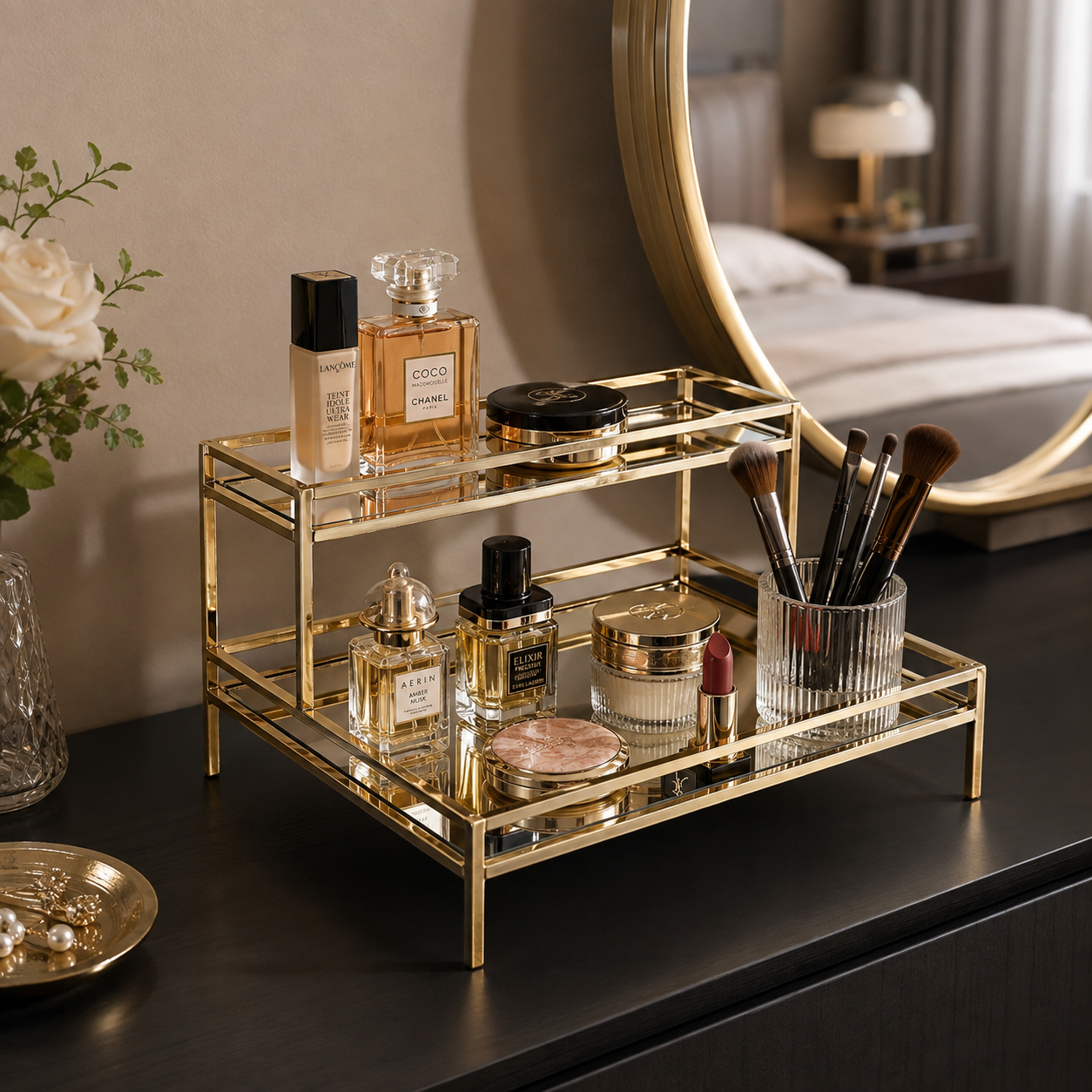 Luxury 2-Tier Golden Rectangular Cosmetic & Perfume Organizer