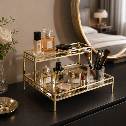 Luxury 2-Tier Golden Rectangular Cosmetic & Perfume Organizer