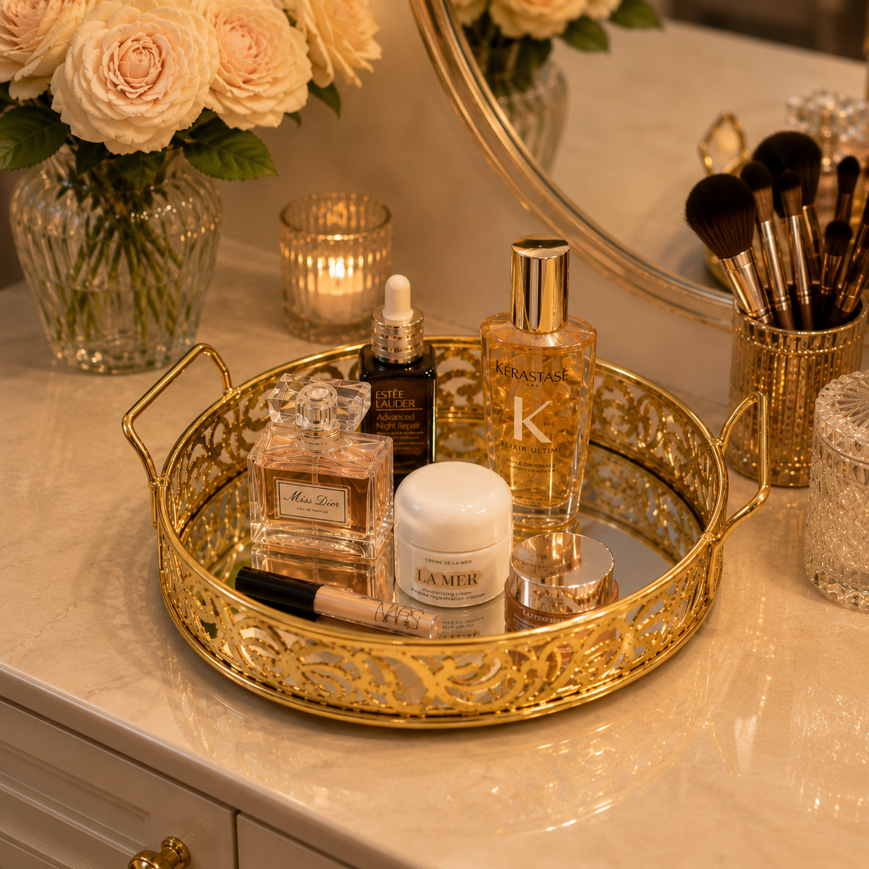 Luxury Golden Round Mirror Tray with Handles