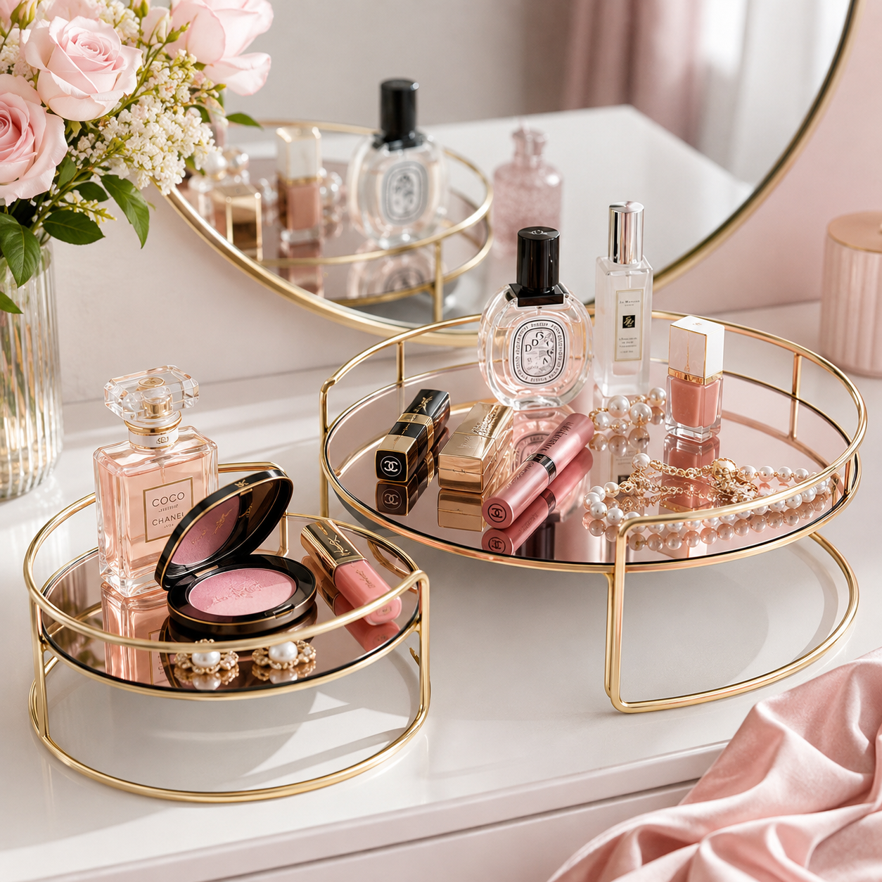 Luxury Golden Round Mirror Cosmetic & Jewelry Organizer Tray Set