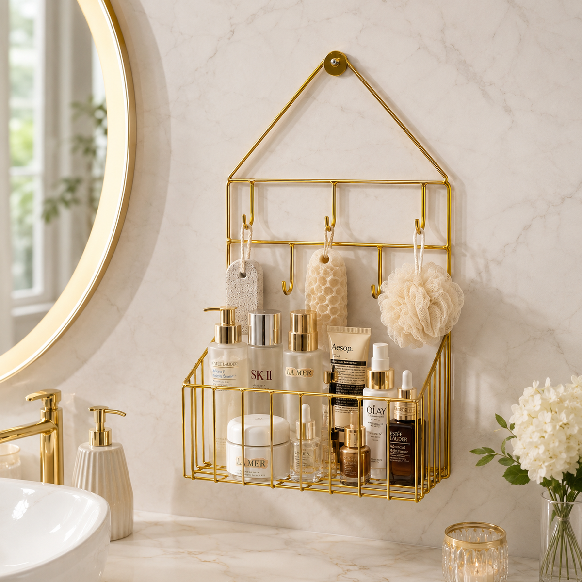 Luxury Golden Wall-Mounted Bathroom Organizer with Hooks