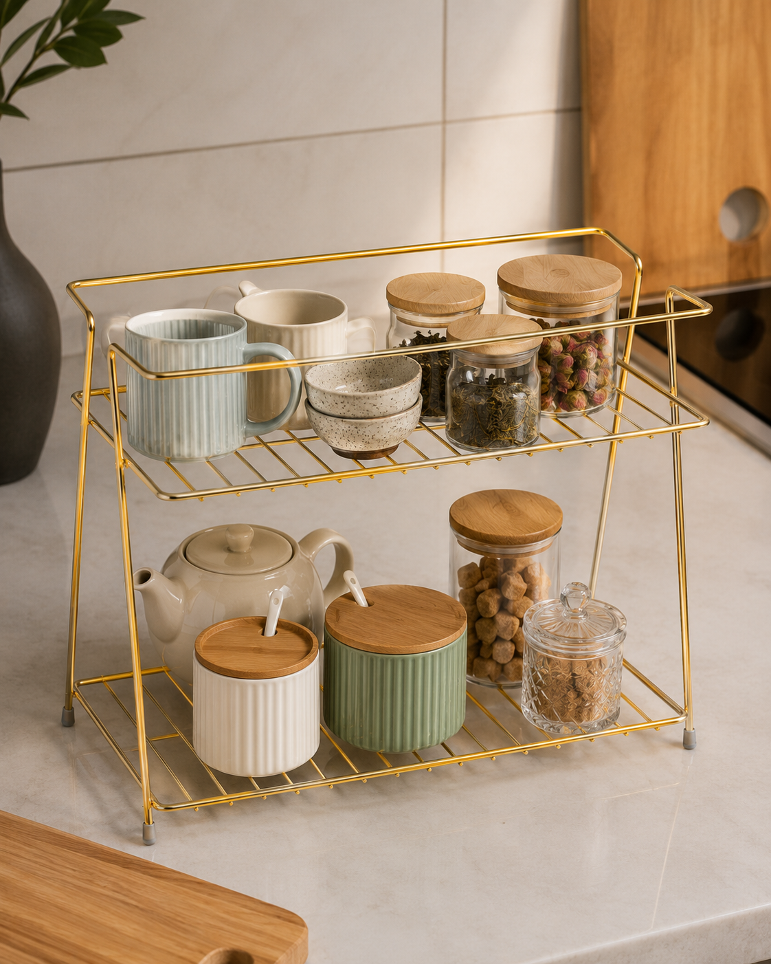 2-Tier Golden Kitchen Organizer Rack – Multipurpose Countertop Storage Shelf