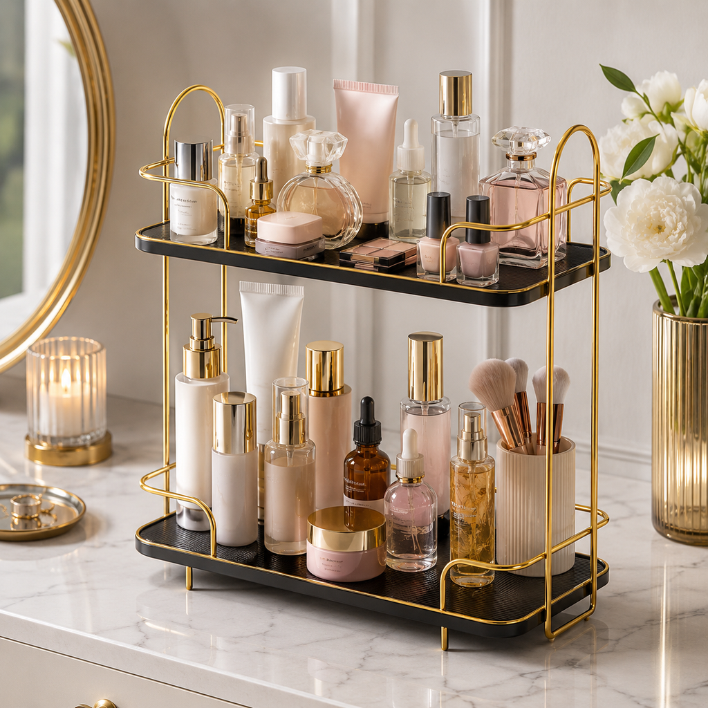 Luxury 2-Tier Gold Cosmetic Organizer Rack – Makeup & Skincare Storage Shelf