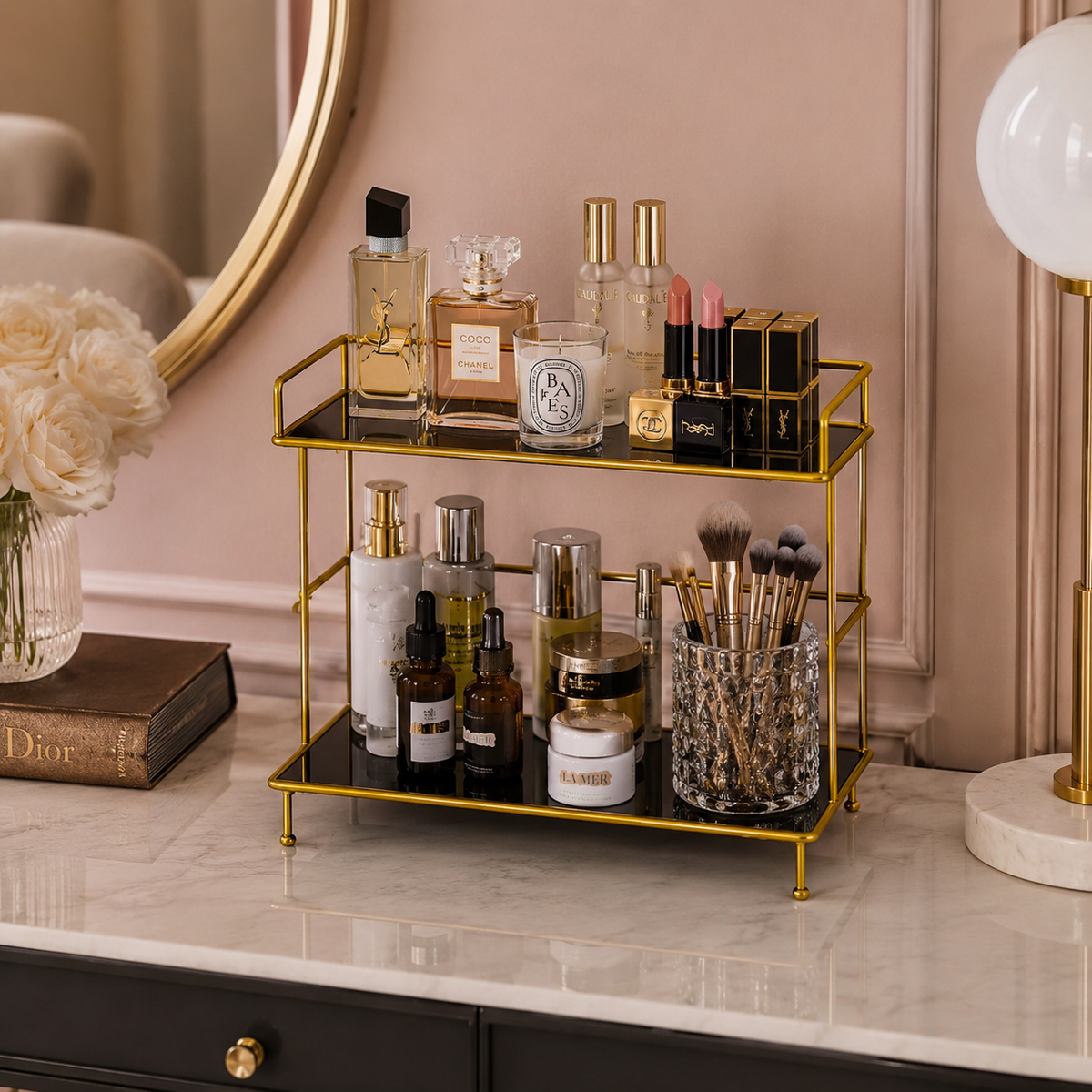 Luxury 2-Tier Gold Cosmetic Organizer Stand