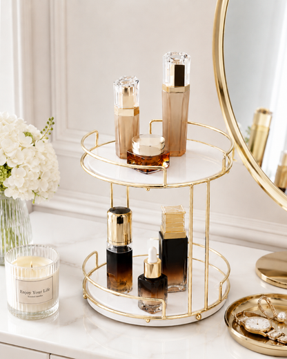 Luxury 2-Tier Cosmetic Organizer Stand – Gold Frame with Black & White Tray