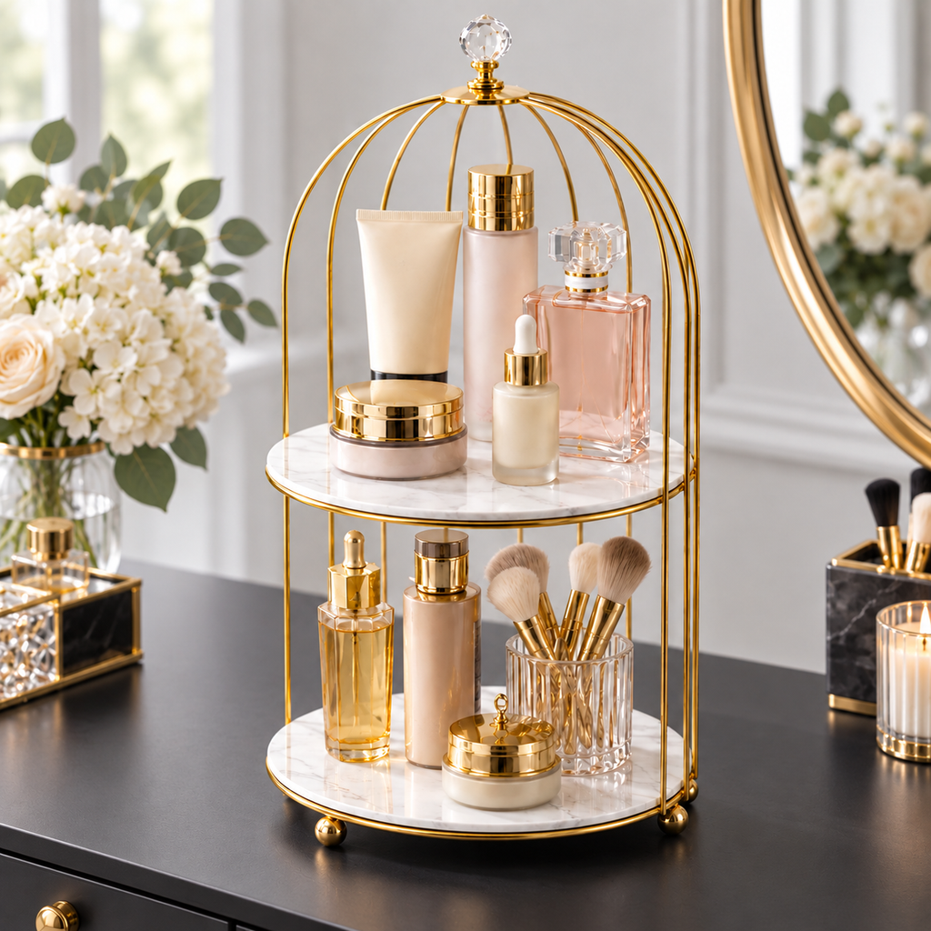 2 Layers Cosmetics Cage Organizer – Stylish Makeup & Skincare Storage Rack