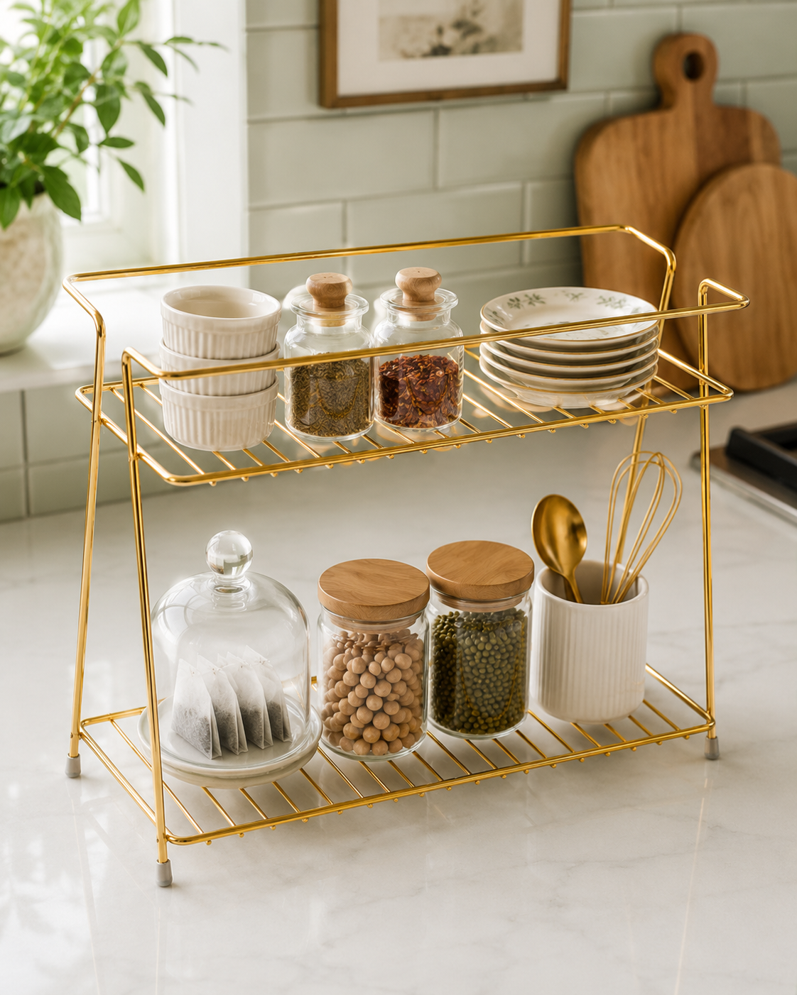 2-Tier Golden Kitchen Organizer Rack – Multipurpose Countertop Storage Shelf