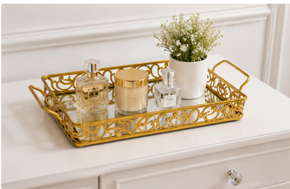 Luxury Golden Rectangular Mirror Tray with Handles