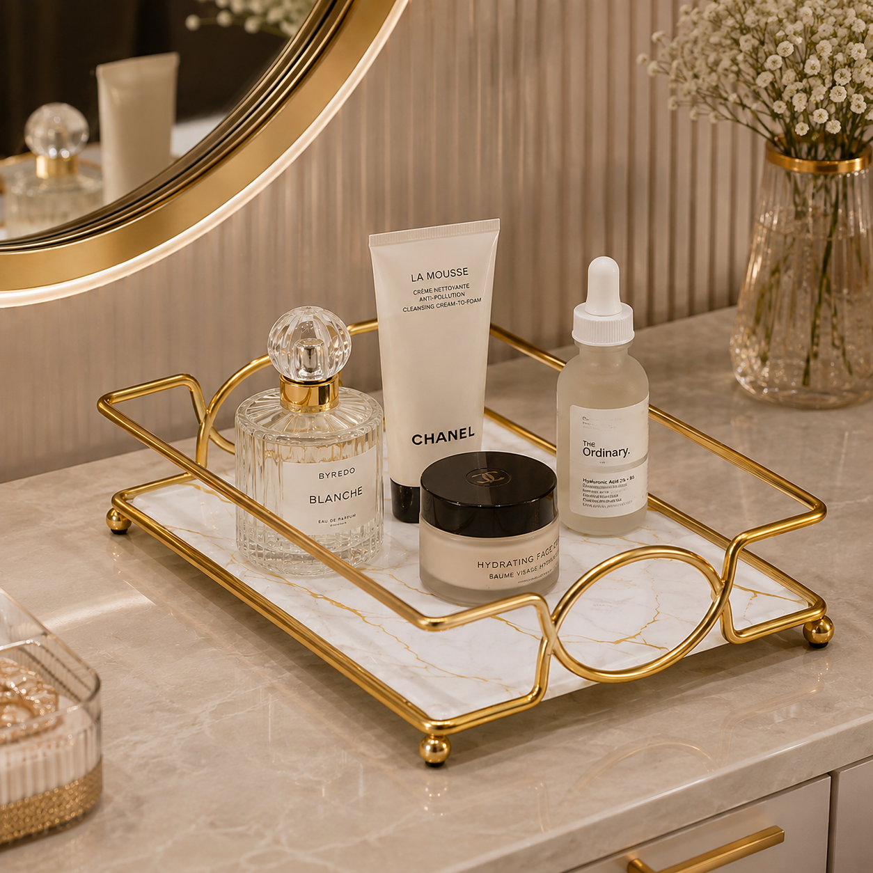 Luxury Golden Marble Vanity Tray – Cosmetic & Perfume Organizer