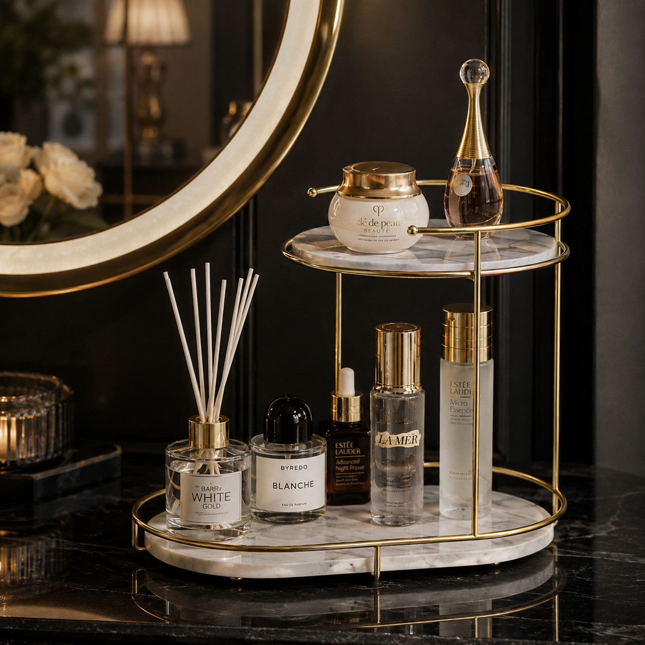 Luxury 2-Tier Golden Marble Cosmetic Organizer Stand