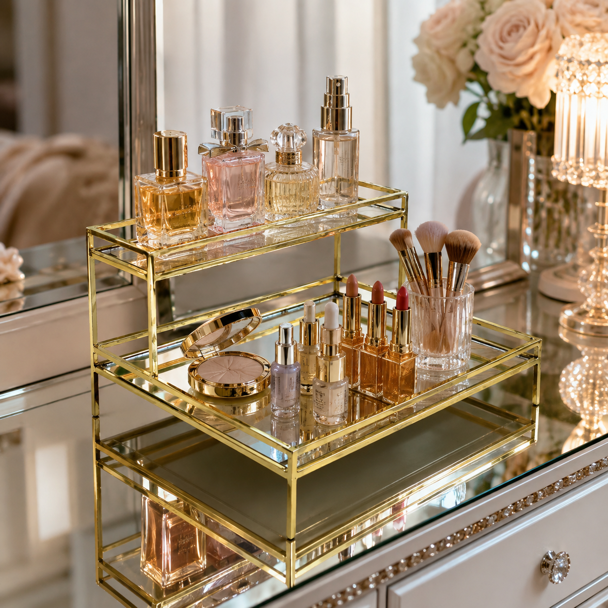 Luxury 2-Tier Golden Rectangular Cosmetic & Perfume Organizer