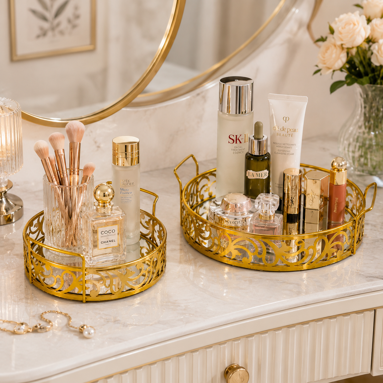 Premium Round Set of 2 Cosmetics & Serving Trays