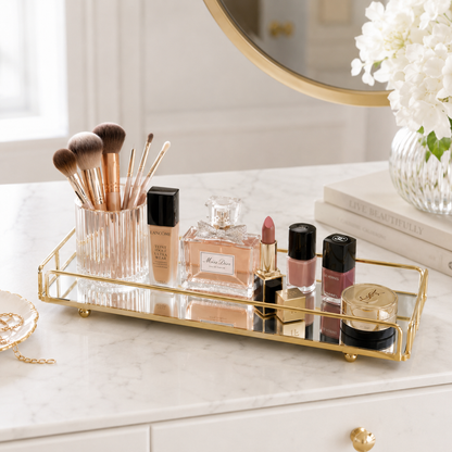 Cosmetics Organizer Tray with Mirror – Elegant Vanity Storage & Decorative Serving Tray for Food Display